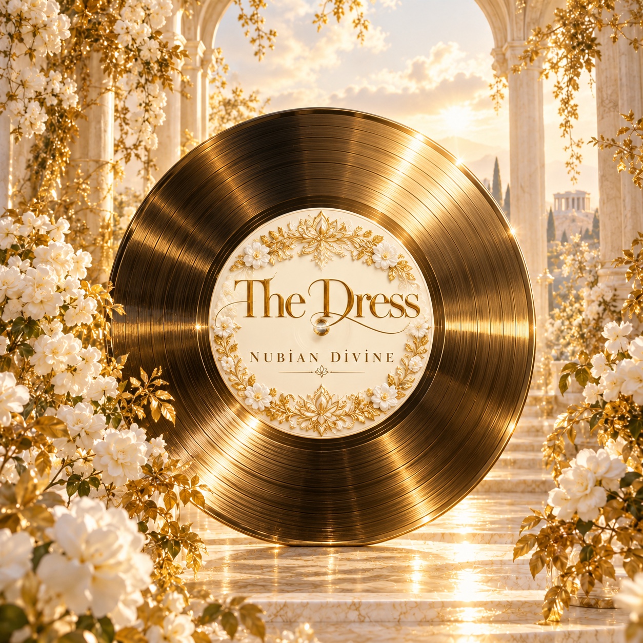 The Dress by Nubian Divine: a gold record surrounded by white flowers and golden light